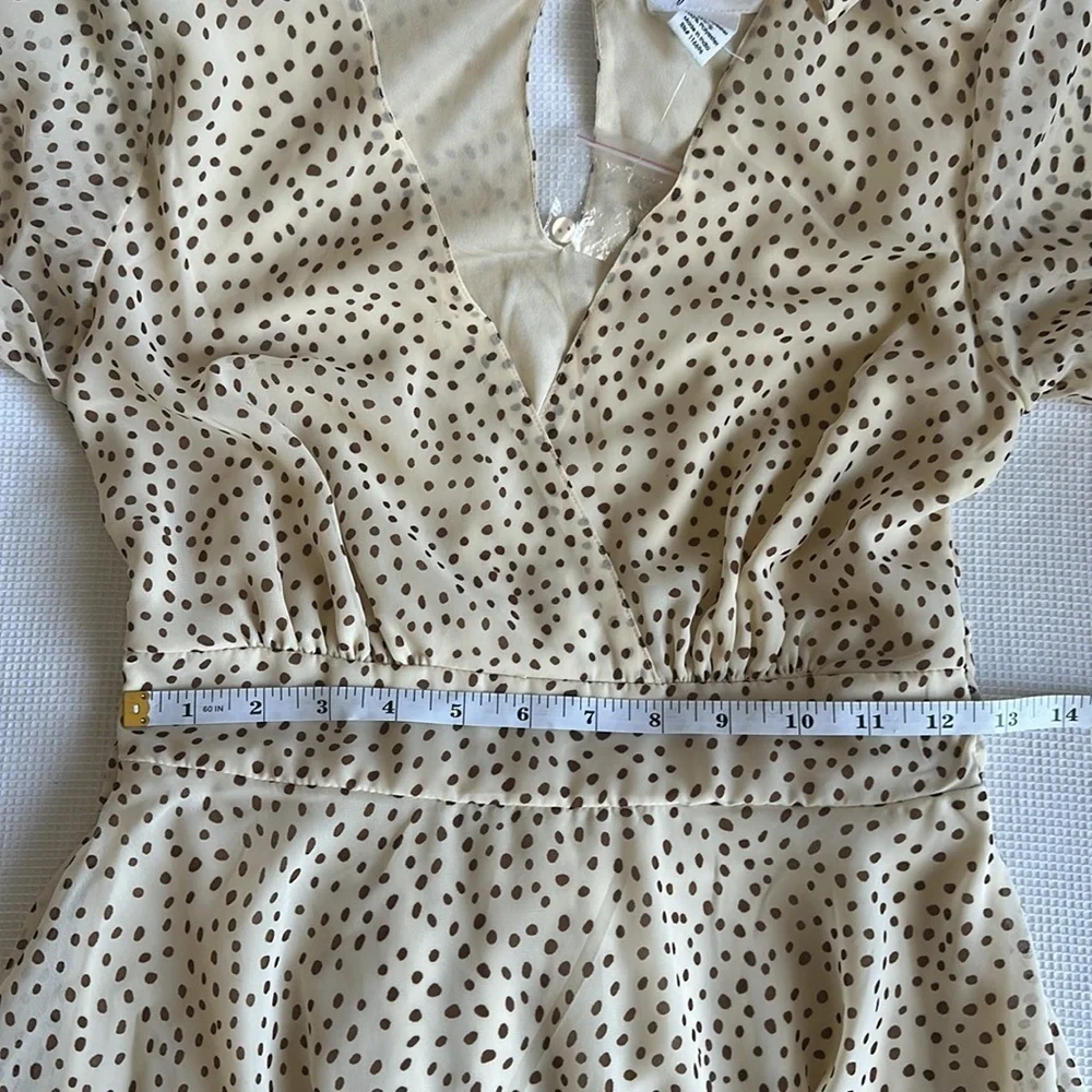 Japna Long Sleeve V-neck Polka Dot Frilly Tan &Brown Dress Size XS Tie back